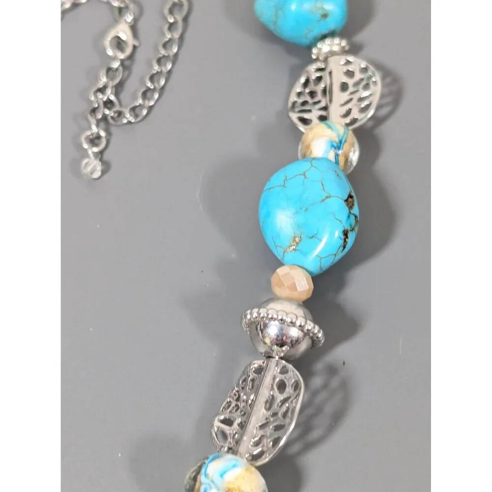 Southwestern Boho Faux Turquoise Glass Hammered Statement Necklace 22